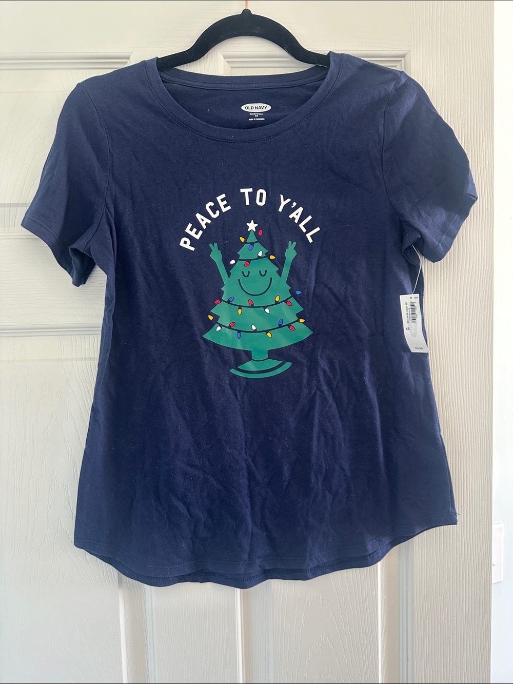 Old Navy Navy Tee with Green Christmas Tree and 'Peace to Y'all'